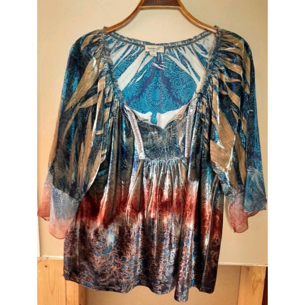 One World Top Boho Velvet Renaissance Fairy Floral Sequined Chiffon Petite XL